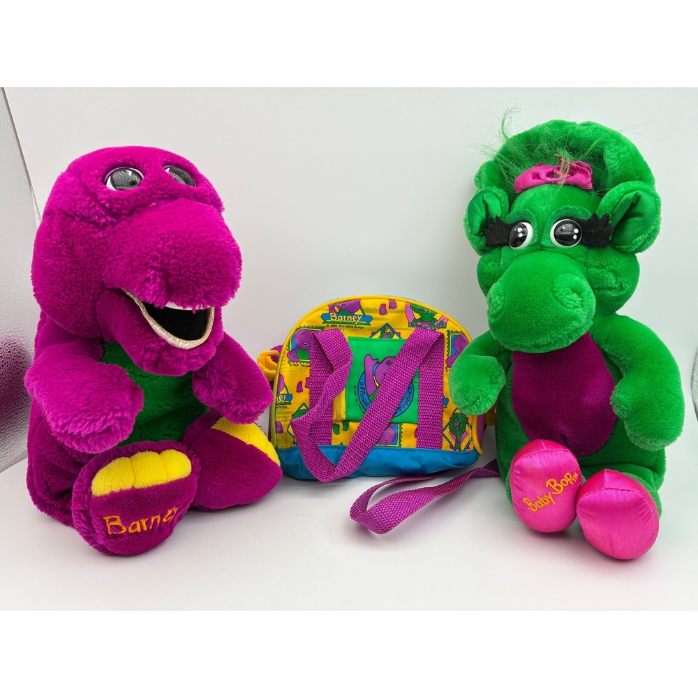 Vintage 1992 Barney and Baby Bop Plush Set with Duffel Bag Dakin 90s Dinosaur
